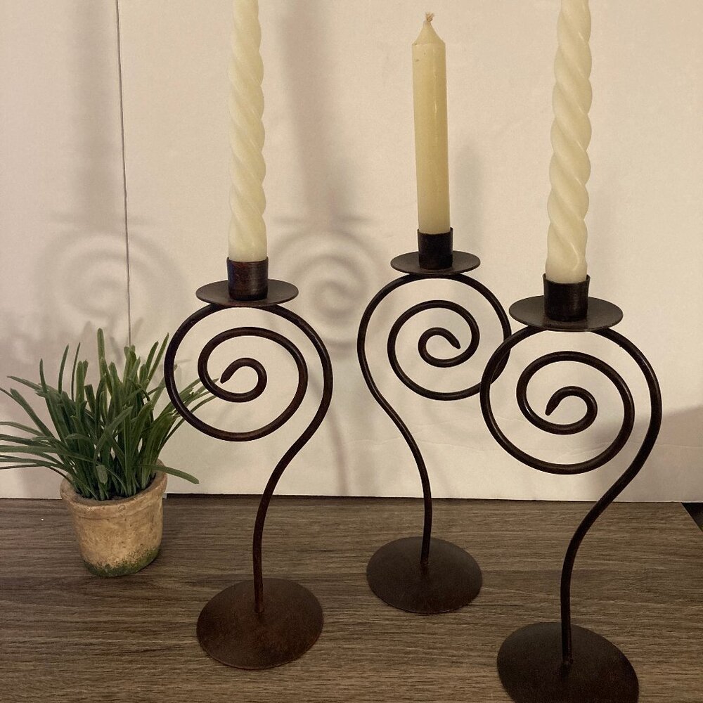 Three Dark Brown Metal Scroll  Modern Contemporary Candle Holders Made in India